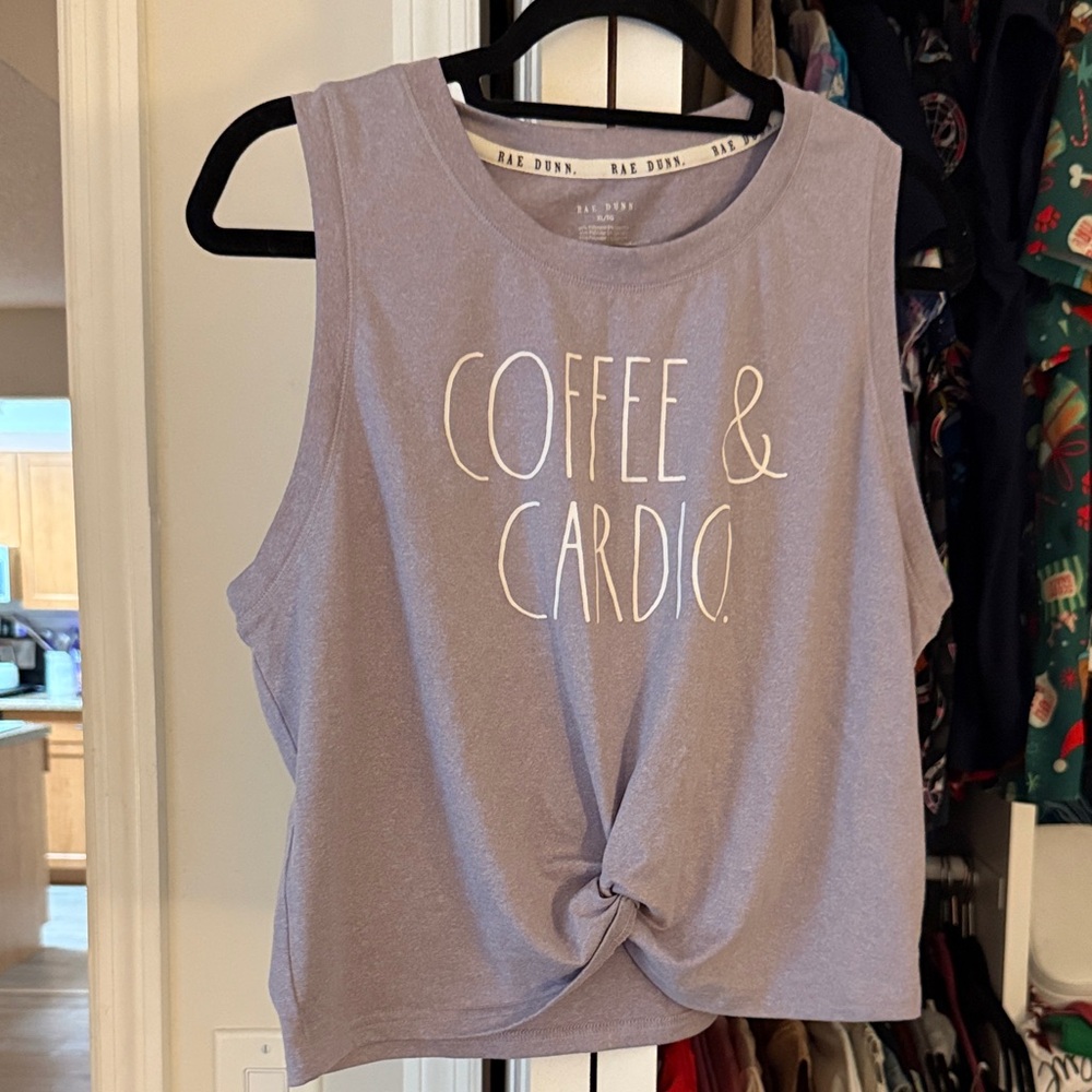 Rae Dunn Lavender Muscle Tee with Coffee & Cardio Print
